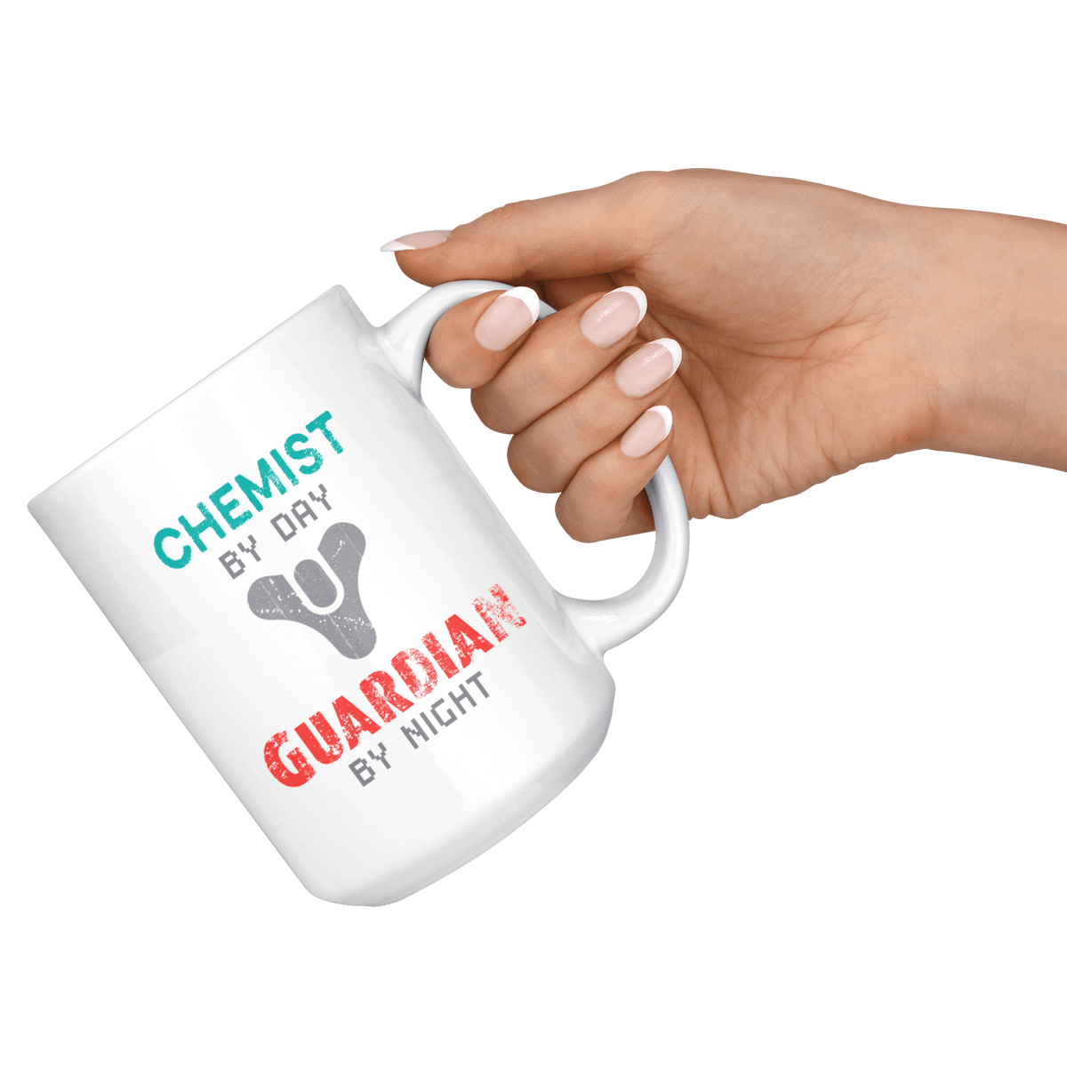 Chemist by Day, Guardian by Night 15oz Coffee Mug, Unique Gift for Video Gamers and Destiny Fans. Eyes up Guardian! - Caliber Shop